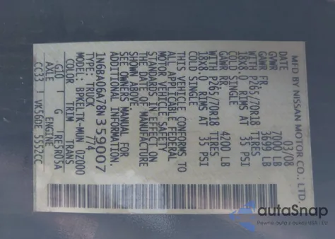 2008 Nissan Titan Le/Se/Xe from USA, damaged, VIN 1N6BA06A78N359007